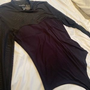 Mesh Mock-neck Long Sleeved Thong Body Suit